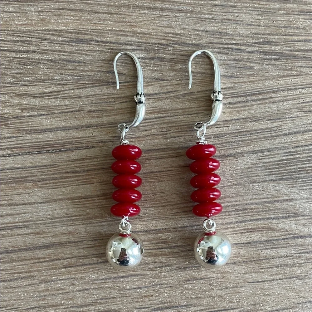 HAND CRAFTED RED & SILVER BALL DROP DANGLE EARRINGS Modern Minimalist Statement